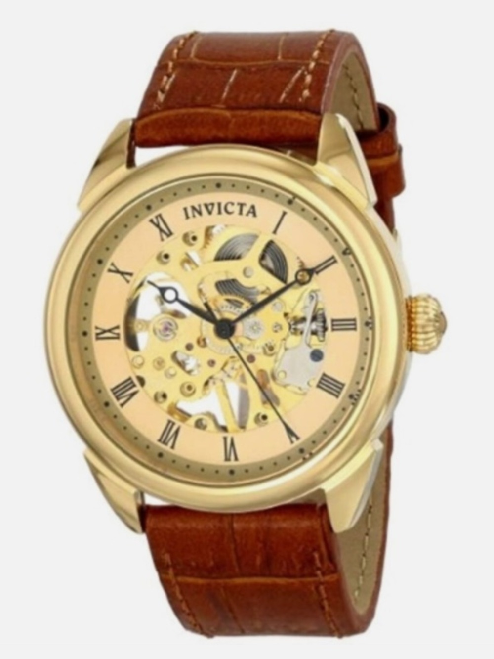 Invicta Gold Skeleton Dial Brown Leather Strap Watch - mint condition